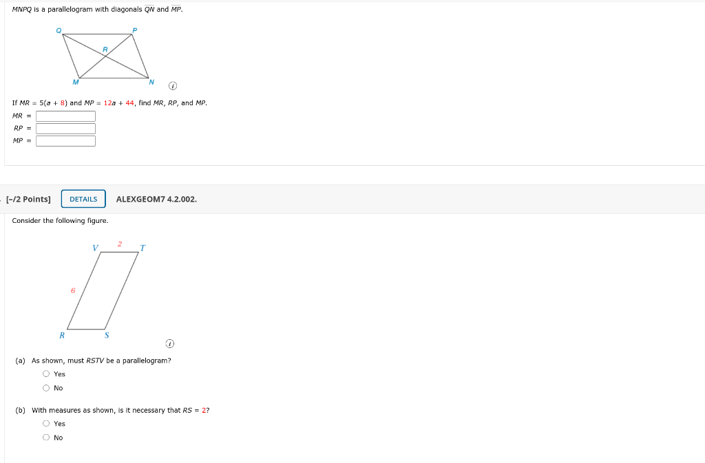 Solved Mnpq Is A Parallelogram With Diagonals N And Mp If Chegg