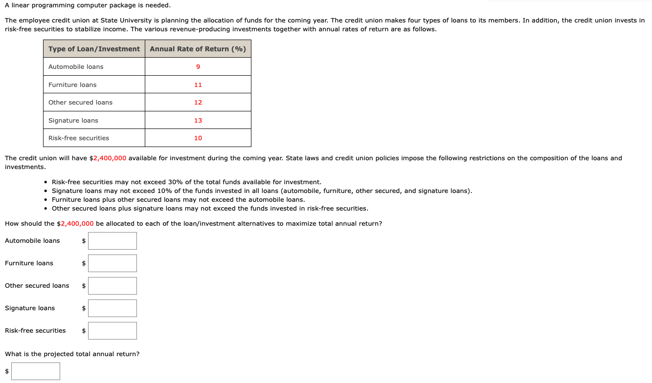 Solved A Linear Programming Computer Package Is Needed The Chegg