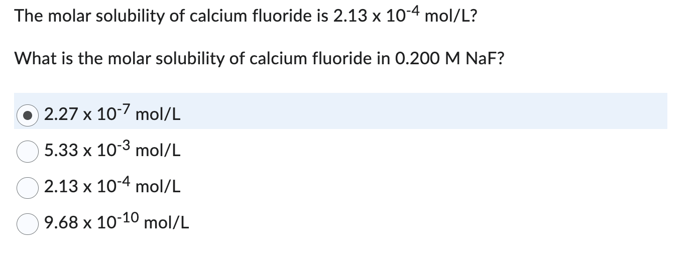 Solved The Molar Solubility Of Calcium Fluoride Is 2 13104 Chegg