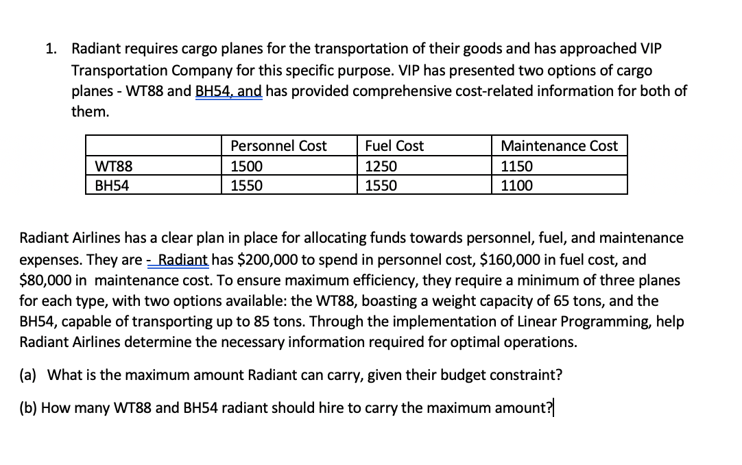 Solved Radiant Requires Cargo Planes For The Chegg