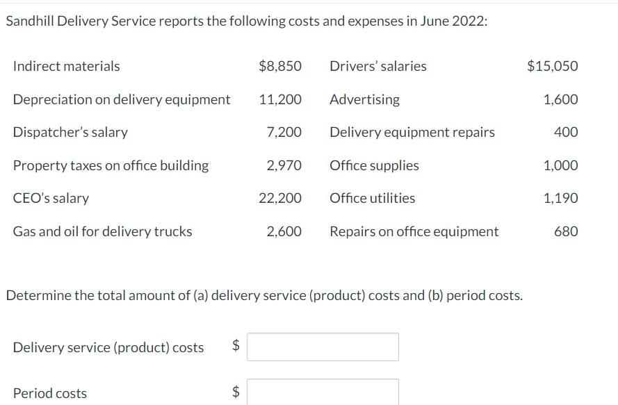 Solved Sandhill Delivery Service Reports The Following Costs Chegg