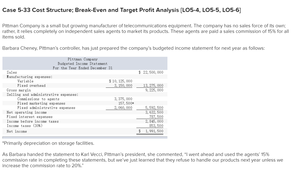 Solved Case 5 33 Cost Structure Break Even And Target Chegg