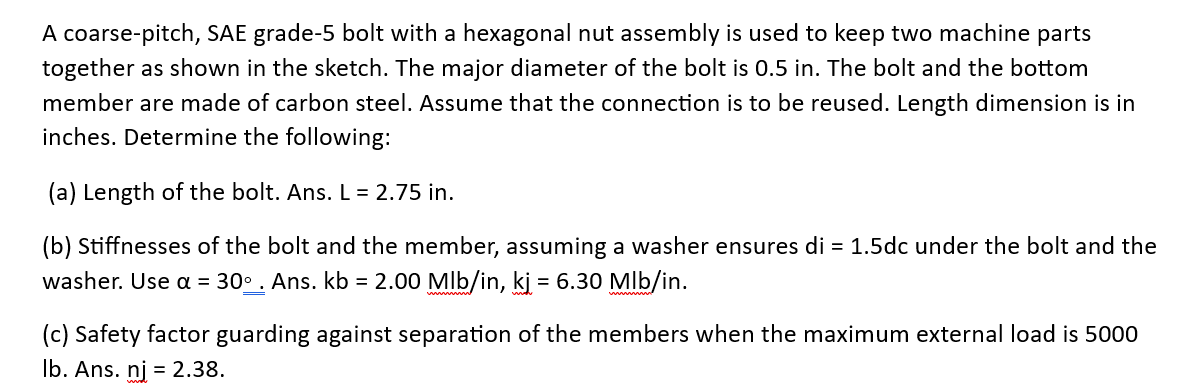 Solved A Coarse Pitch Sae Grade Bolt With A Hexagonal Chegg