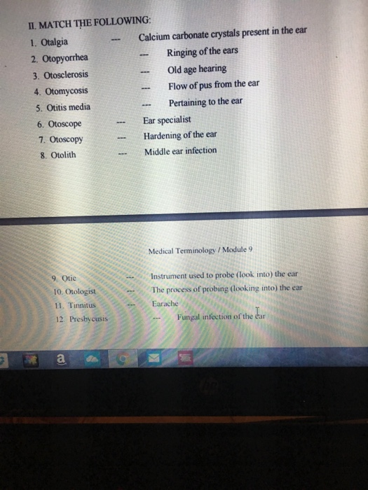 Solved MATCH THE FOLLOWING Otalgia Calcium Carbonate Cr...