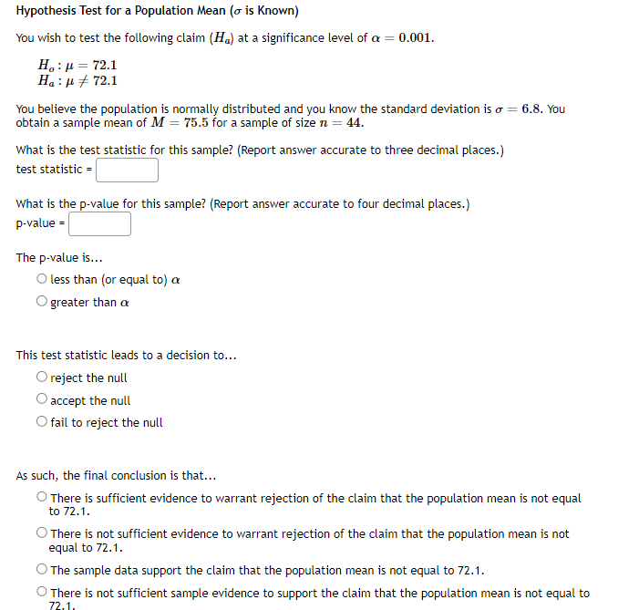 Solved Hypothesis Test For A Population Mean Sigma Chegg