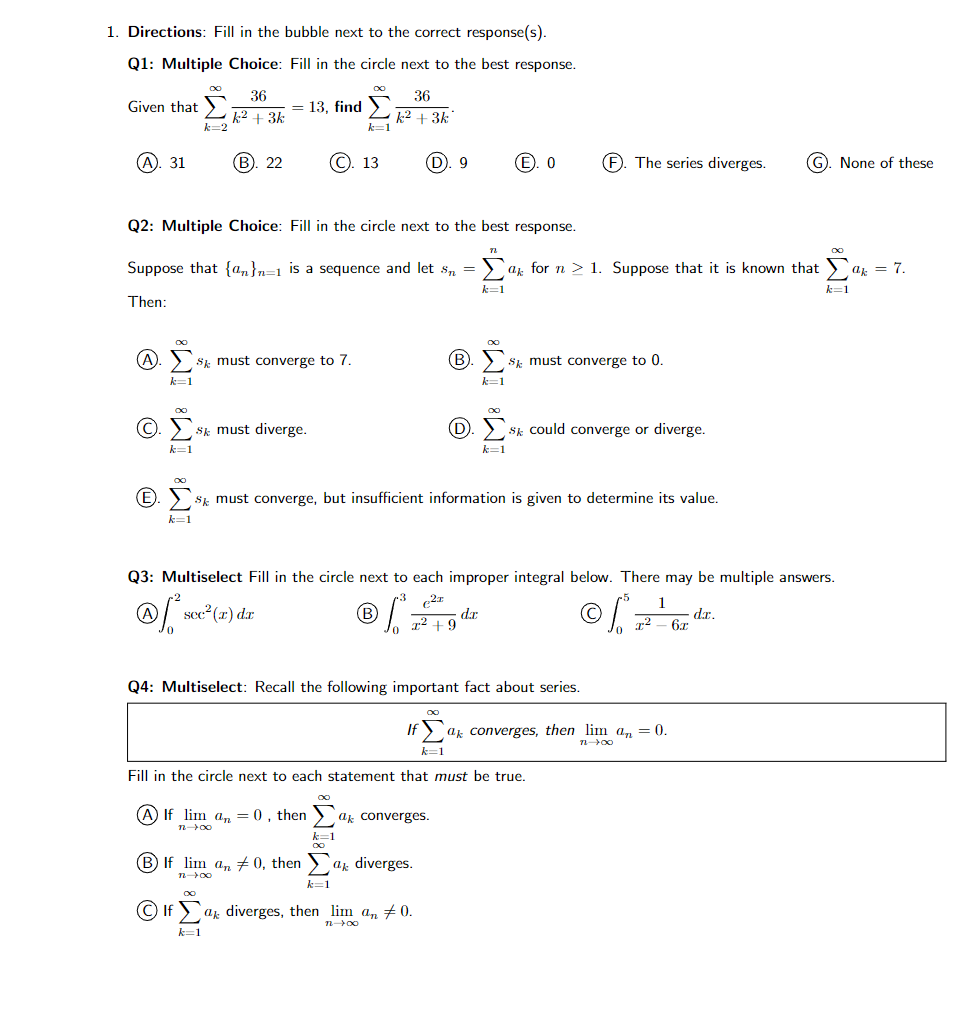 Solved 1 Directions Fill In The Bubble Next To The Correct Chegg