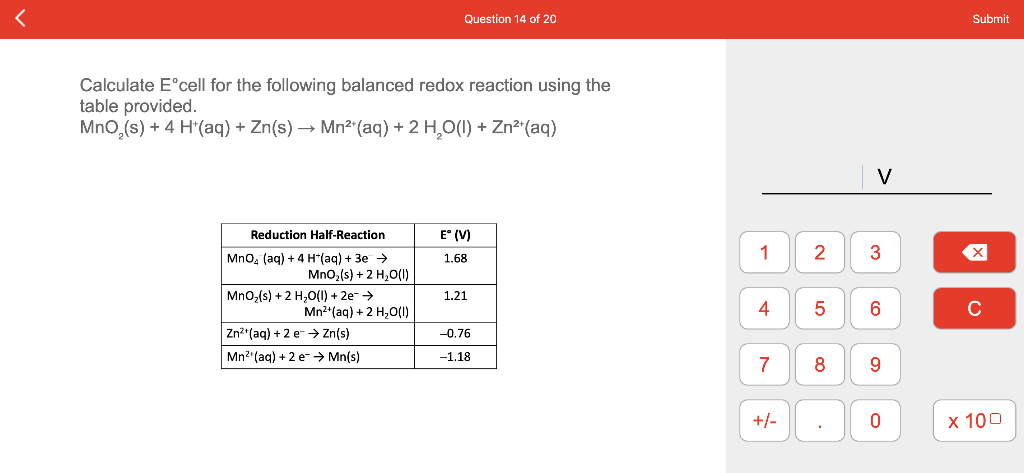 Calculate Ecell For The Following Balanced Redox Chegg