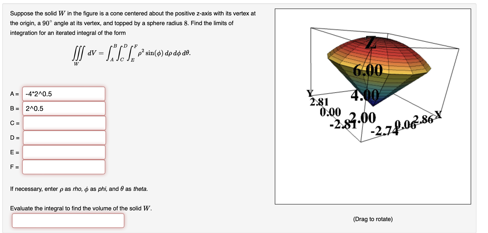 Solved Suppose The Solid W In The Figure Is A Cone Centered Chegg