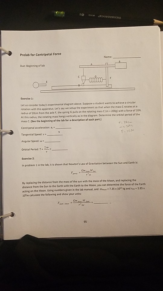 Solved Prelab For Centripetal Force Name Due Beginning Of Chegg