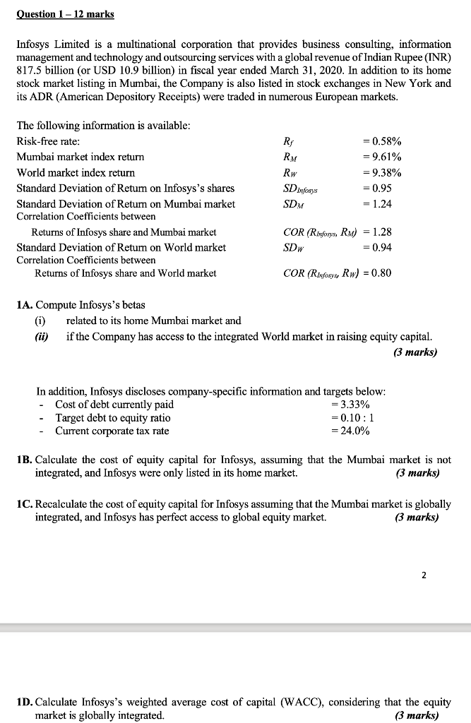 Solved Question 1 12 Marks Infosys Limited Is A Chegg