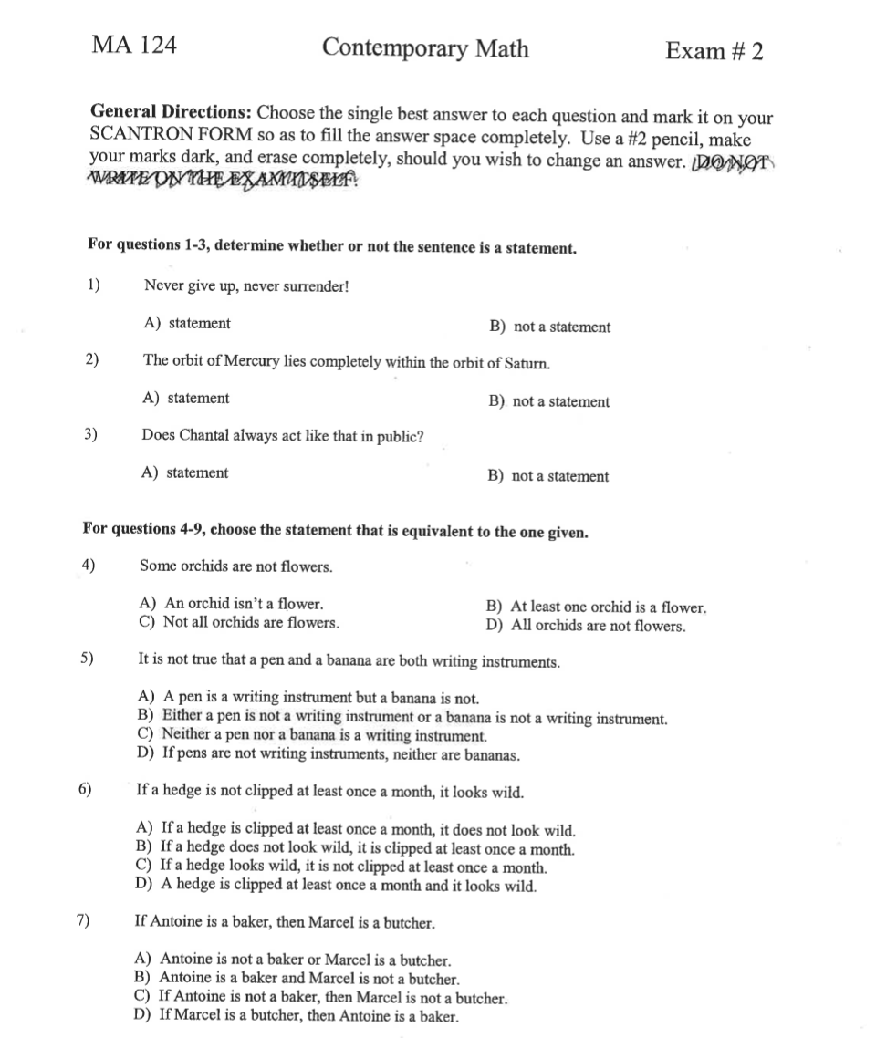 Solved MA 124 Contemporary Math Exam 2 General Directions Chegg