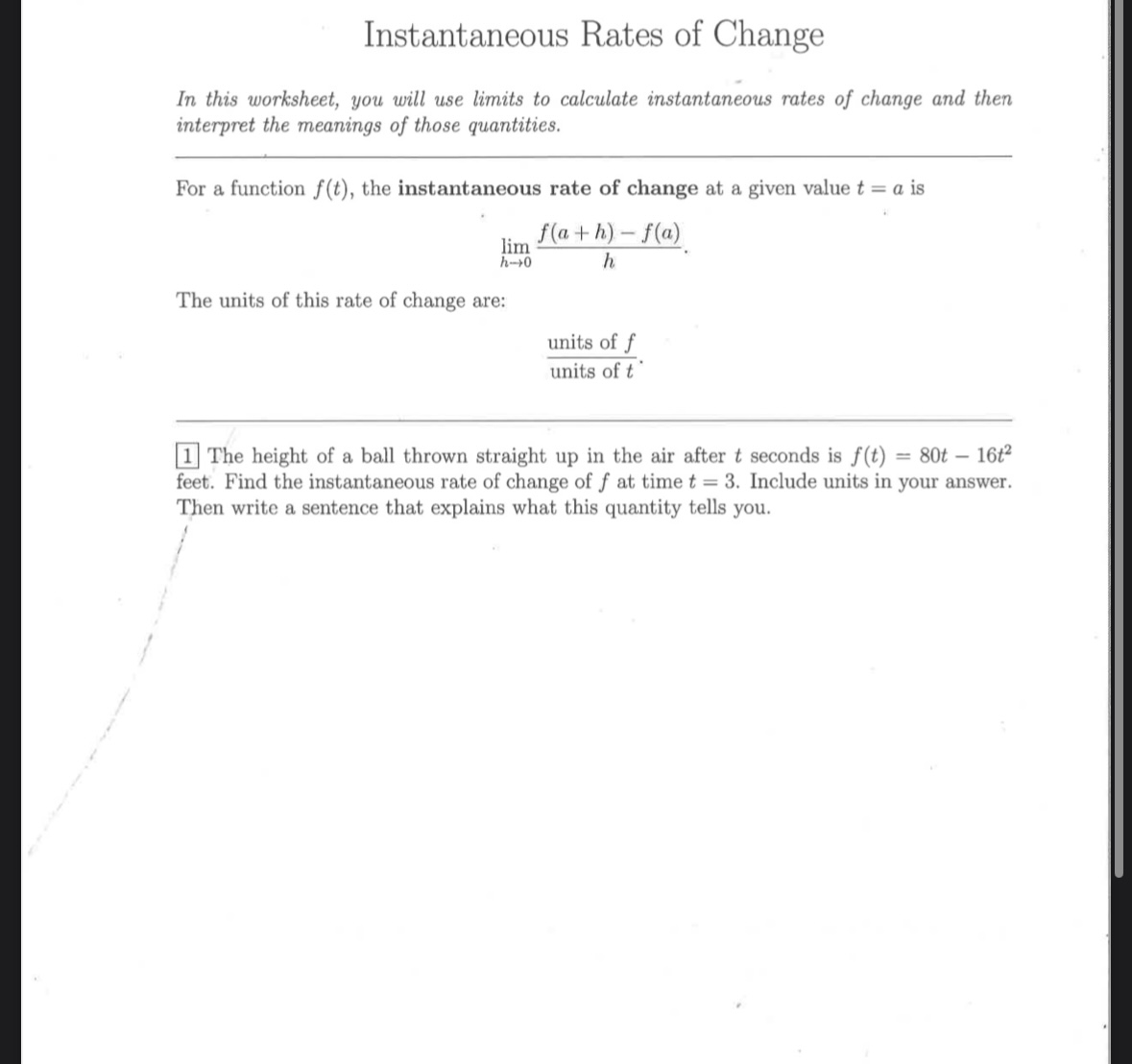 Solved Instantaneous Rates Of Change In This Worksheet You Chegg