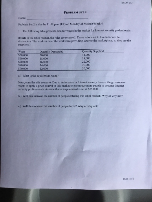 Solved ECON 213 PROBLEM SET 2 Name Problem Set 2 Is Due By Chegg