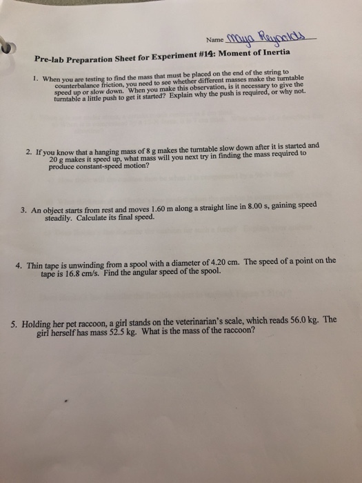 Solved Name Pre Lab Preparation Sheet For Experiment 14 Chegg