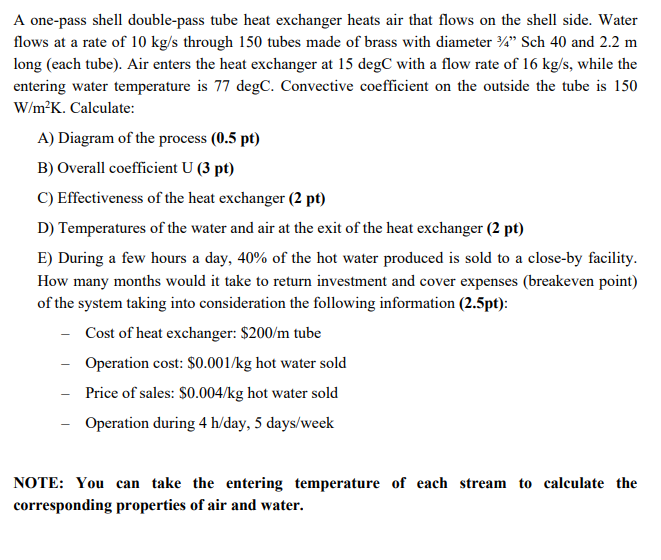 Solved A One Pass Shell Double Pass Tube Heat Exchanger Chegg