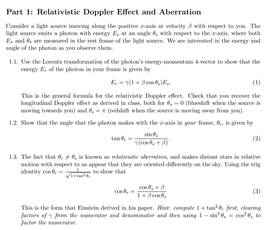 Solved Part Relativistic Doppler Effect And Aberration Chegg