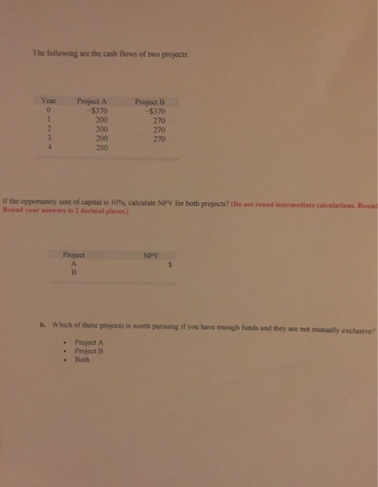 Solved The Following Are The Cash Flows Of Two Projects Year Chegg