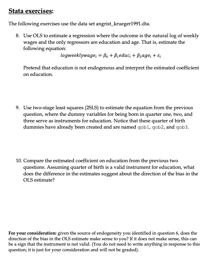 Solved Stata Exercises The Following Exercises Use The Data Chegg