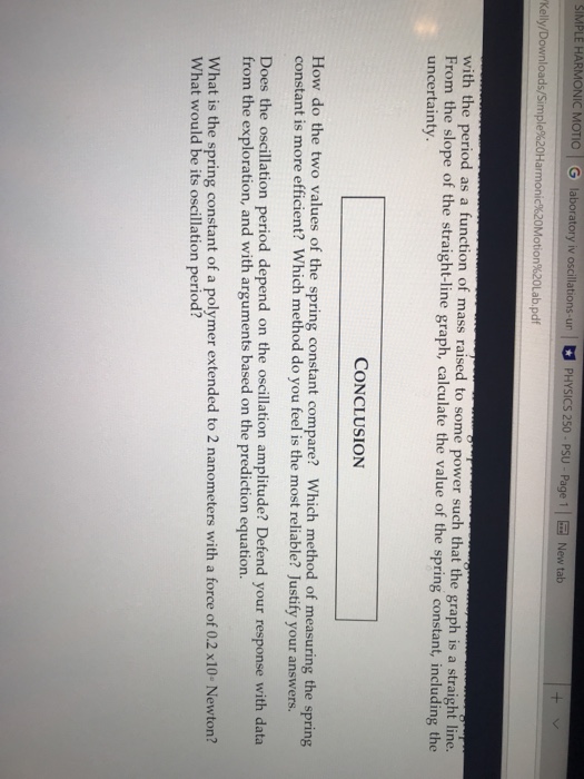 Solved Simple Harmonic Motion Measuring Spring Constants Chegg