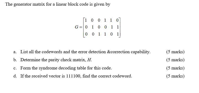 Solved The Generator Matrix For A Linear Block Code Is Given Chegg