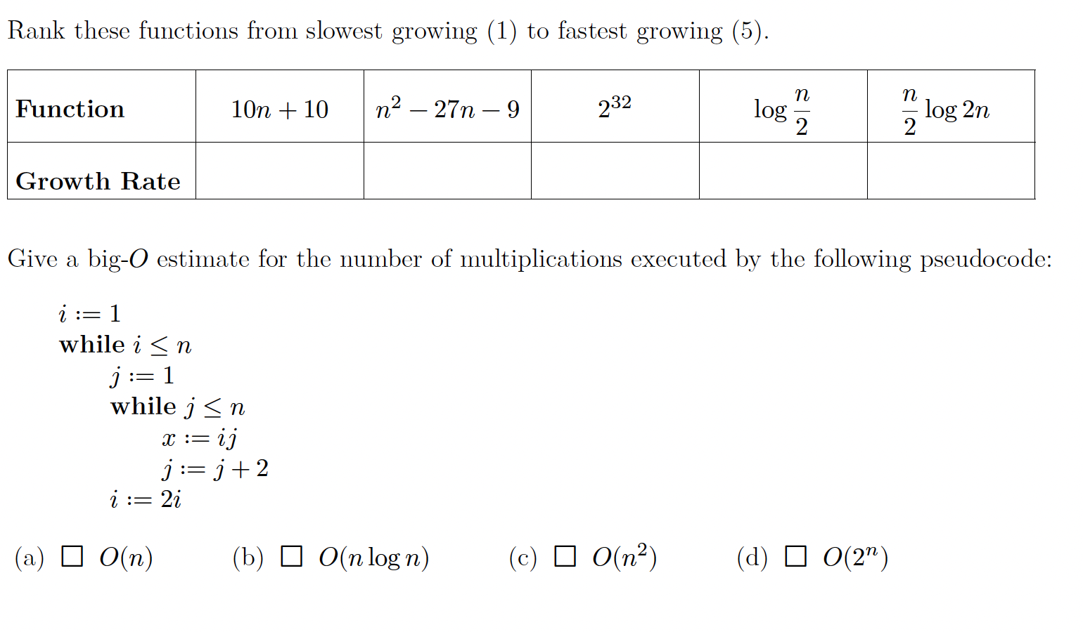 Solved Rank These Functions From Slowest Growing To Chegg