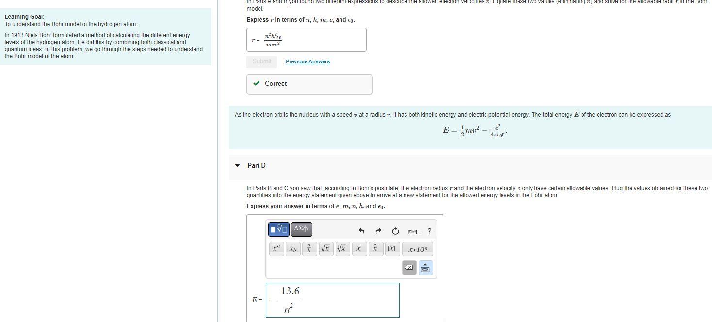 Solved Learning Goal Express r in terms of n h m e and ϵ0 Chegg