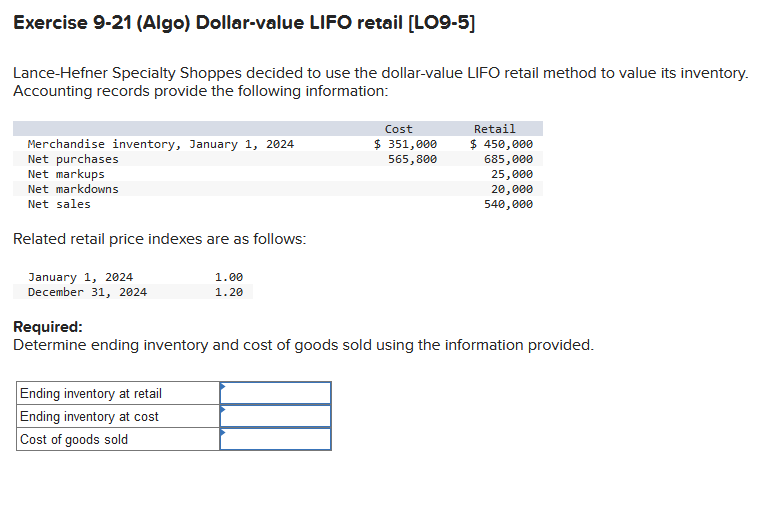 Solved Exercise 9 21 Algo Dollar Value LIFO Retail Chegg