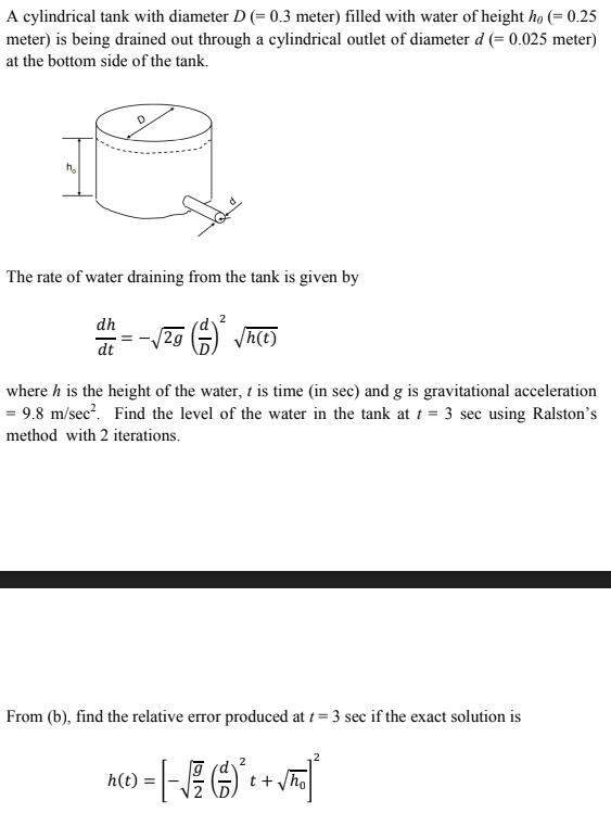 Solved A Cylindrical Tank With Diameter D 0 3 Meter Chegg