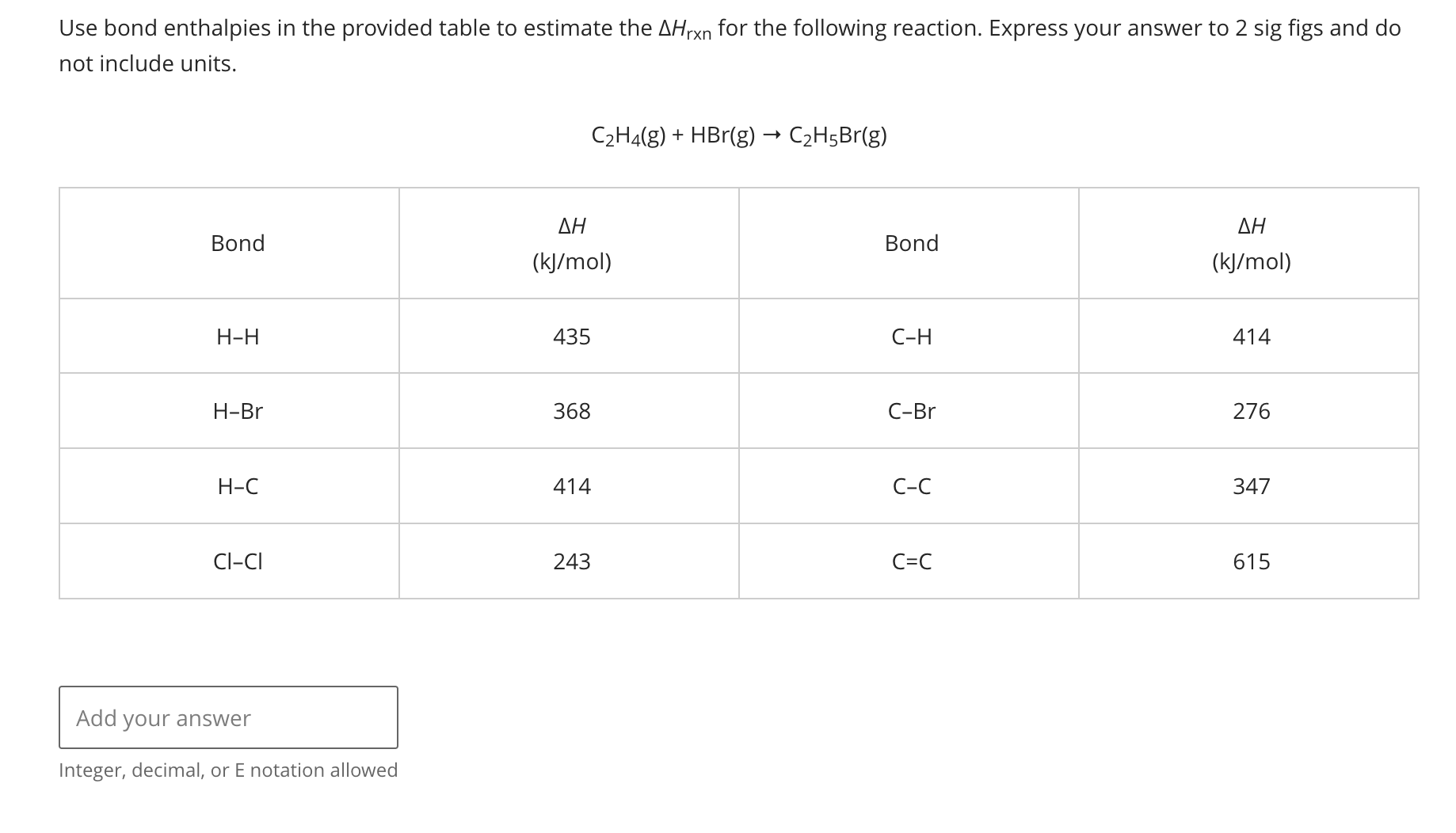 Solved Use Bond Enthalpies In The Provided Table To Estimate Chegg