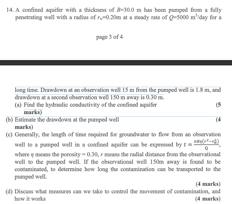 Solved 14 A Confined Aquifer With A Thickness Of B 30 0 M Chegg