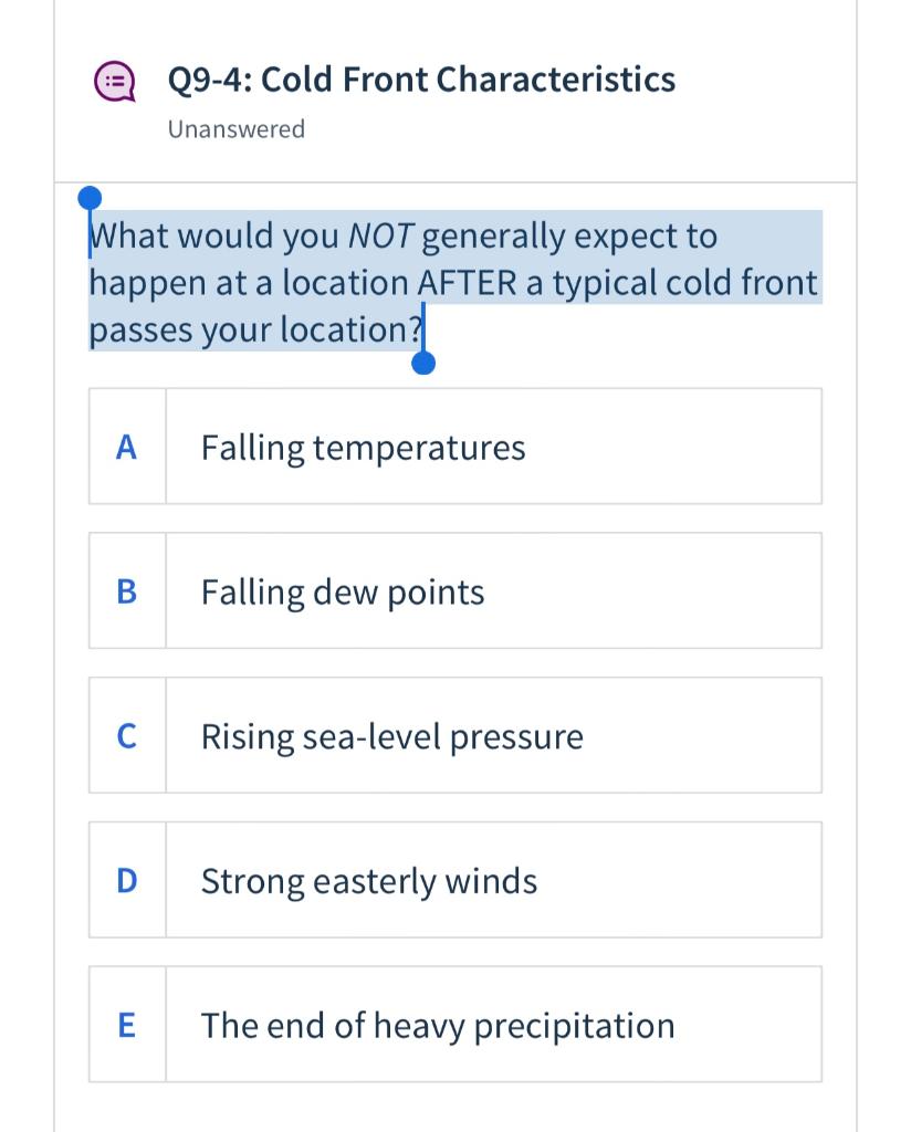 Solved Q9 4 Cold Front Characteristics Unanswered What Chegg