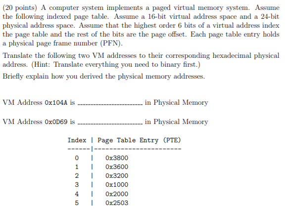 Solved 20 Points A Computer System Implements A Paged Chegg