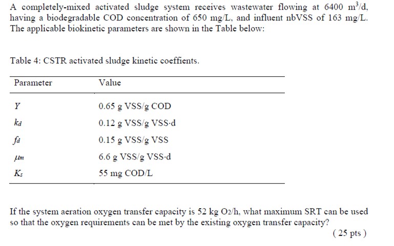 Solved A Completely Mixed Activated Sludge System Receives Chegg