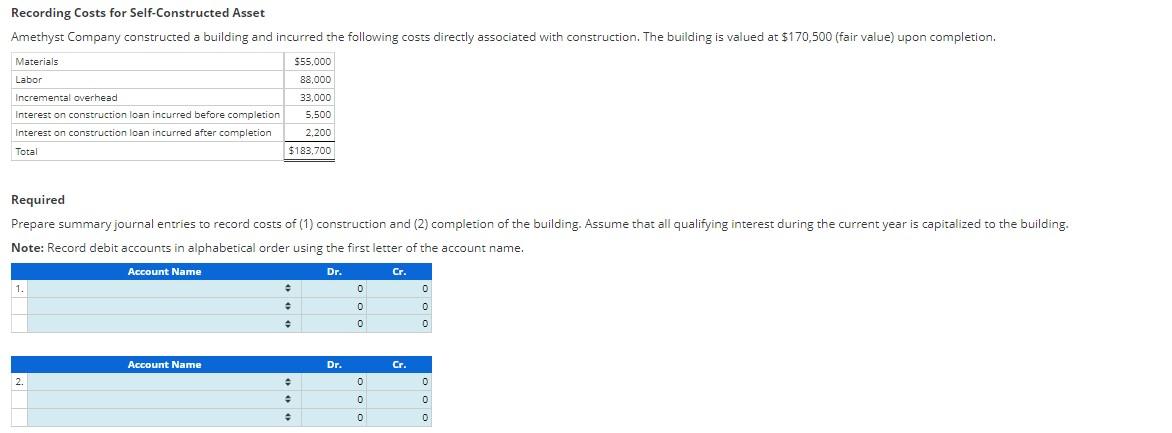 Solved Recording Costs For Self Constructed Asset Amethyst Chegg