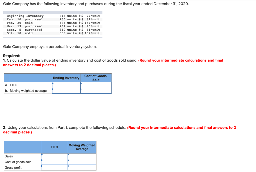 Solved Gale Company Has The Following Inventory And Chegg