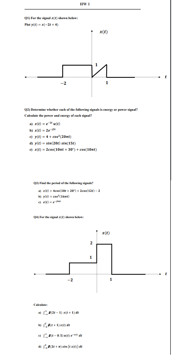 Solved HW 1 Q1 For The Signal X T Shown Below Plot Y T Chegg