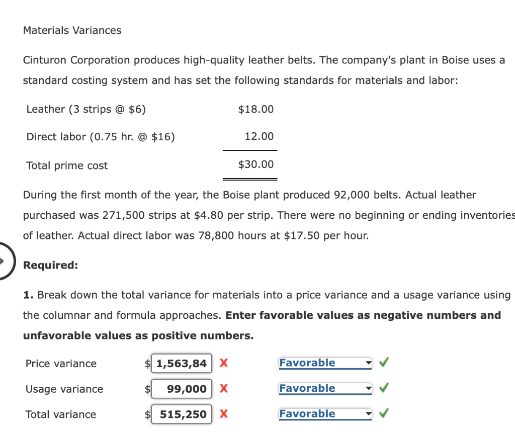 Solved Materials Variances Cinturon Corporation Produces Chegg