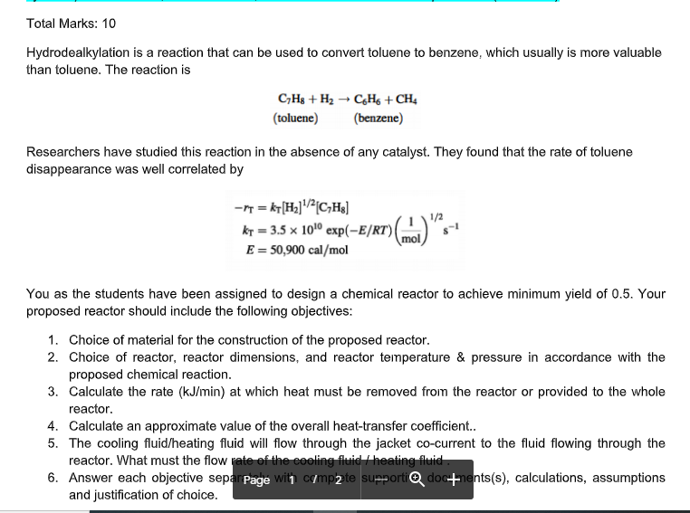 Solved Total Marks 10 Hydrodealkylation Is A Reaction That Chegg