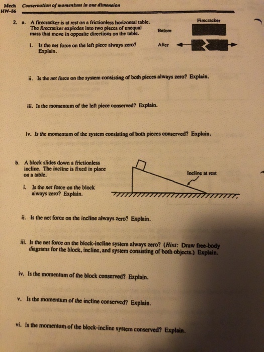 Solved Conservation Of Momentum In One Dimension Mech Hw Chegg