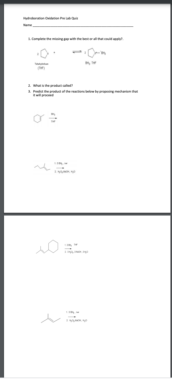 Solved Hydroboration Oxidation Pre Lab Quiz Name 1 Complete Chegg