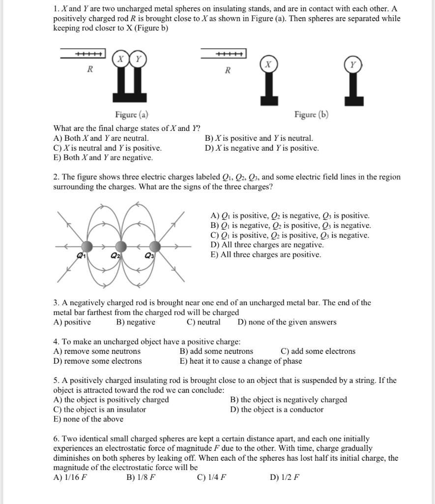 Solved 1 X And Y Are Two Uncharged Metal Spheres On Chegg