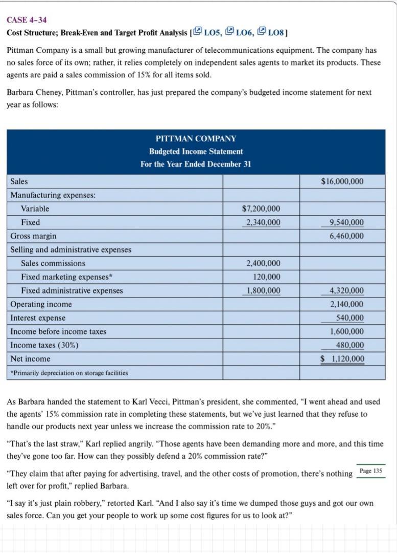 Solved Case Cost Structure Break Even And Target Chegg