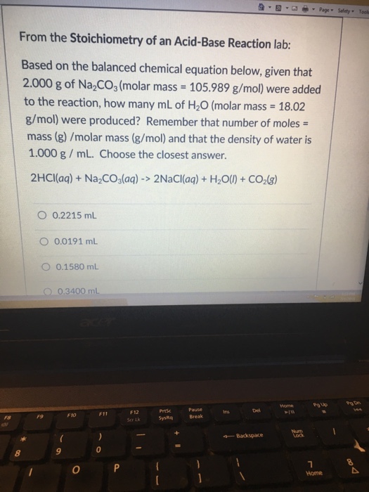 Solved From The Stoichiometry Of An Acid Base Reaction Lab Chegg