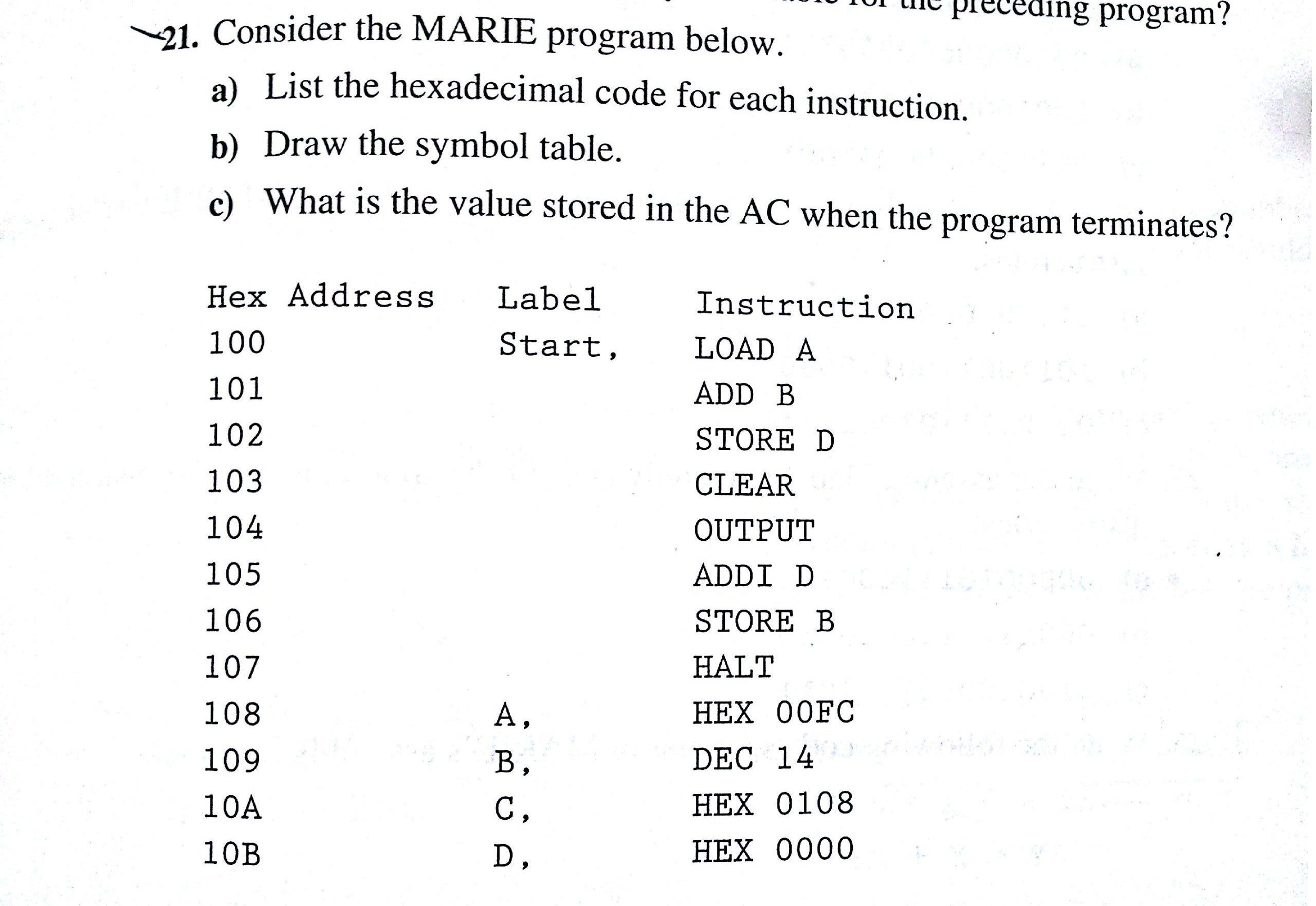 Consider The MARIE Program Below. List The Hexadecimal ... | Chegg.com