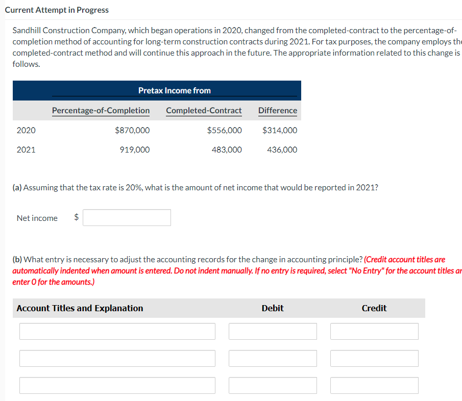Solved Current Attempt In Progress Sandhill Construction Chegg