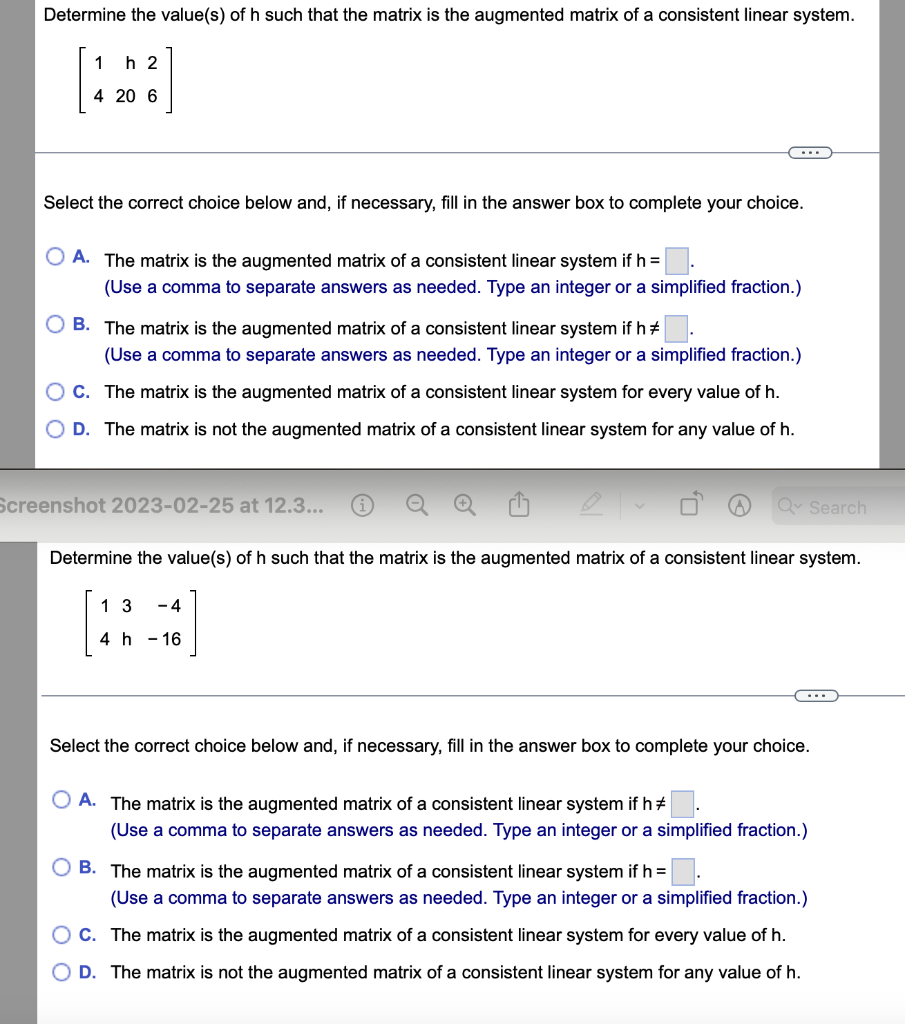 Solved Determine The Value S Of H Such That The Matrix Is Chegg