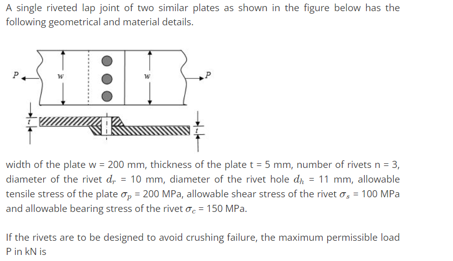 Solved A Single Riveted Lap Joint Of Two Similar Plates As Chegg