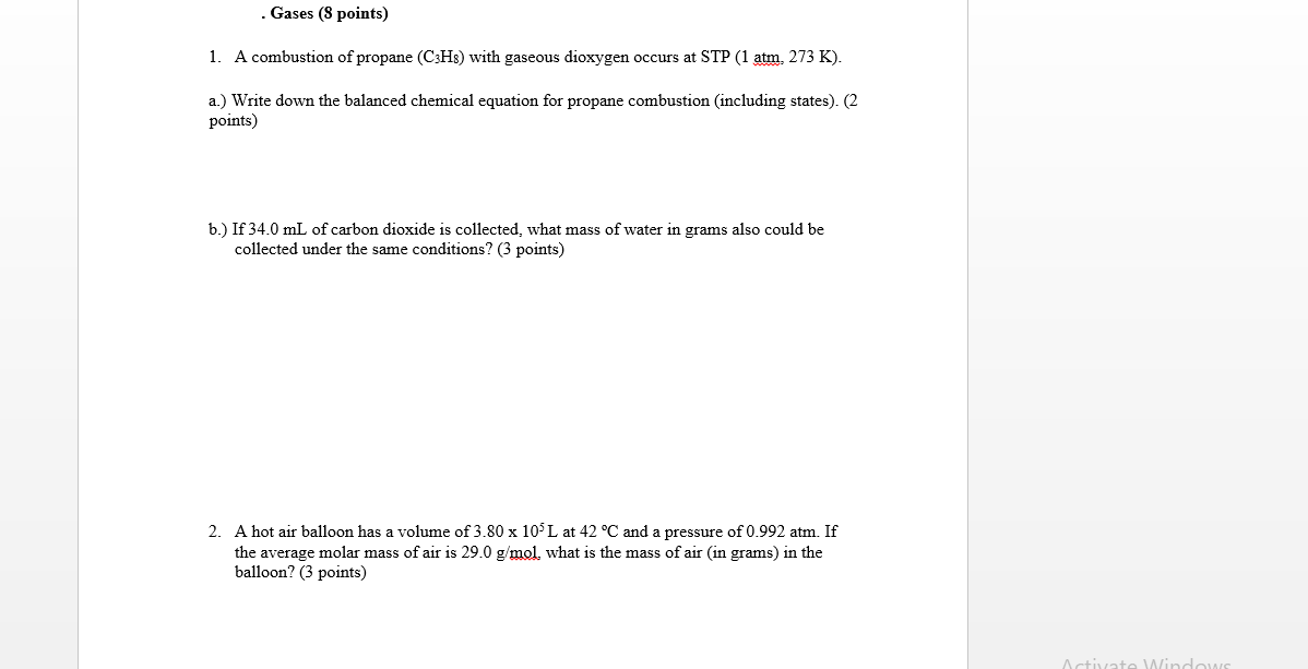 Solved Gases Points A Combustion Of Propane C H Chegg