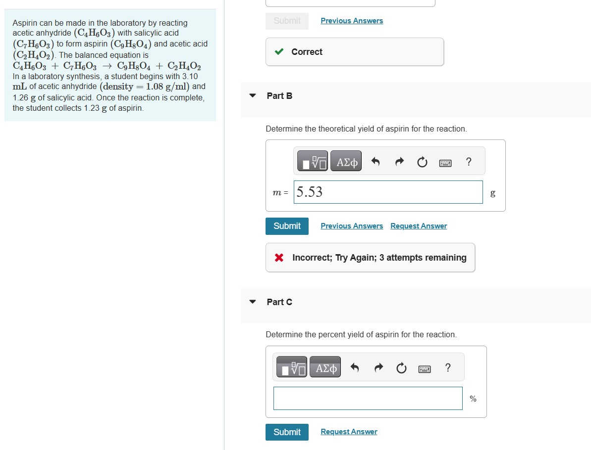 Solved Aspirin Can Be Made In The Laboratory By Reacting Chegg