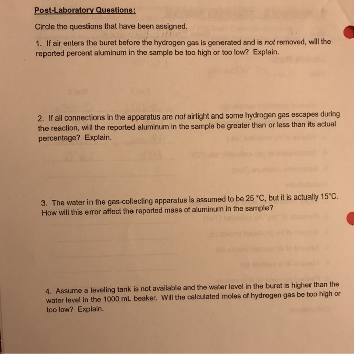 Solved Post Laboratory Questions Circle The Questions That Chegg